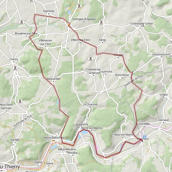Miniature de la carte de l'inspiration cycliste "Les Collines de Marne" dans la Champagne-Ardenne, France. Générée par le planificateur d'itinéraire cycliste Tarmacs.app