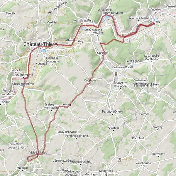 Miniature de la carte de l'inspiration cycliste "Boucle des Coteaux de la Marne" dans la Champagne-Ardenne, France. Générée par le planificateur d'itinéraire cycliste Tarmacs.app