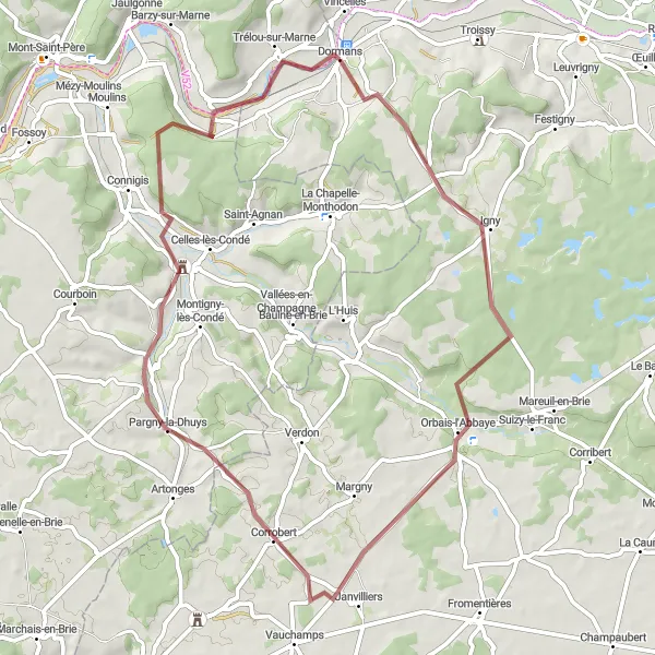 Miniature de la carte de l'inspiration cycliste "Escapade en Marne et Forêt" dans la Champagne-Ardenne, France. Générée par le planificateur d'itinéraire cycliste Tarmacs.app