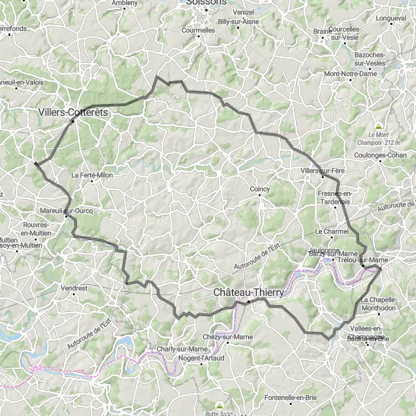 Miniature de la carte de l'inspiration cycliste "Les Châteaux de la Champagne" dans la Champagne-Ardenne, France. Générée par le planificateur d'itinéraire cycliste Tarmacs.app