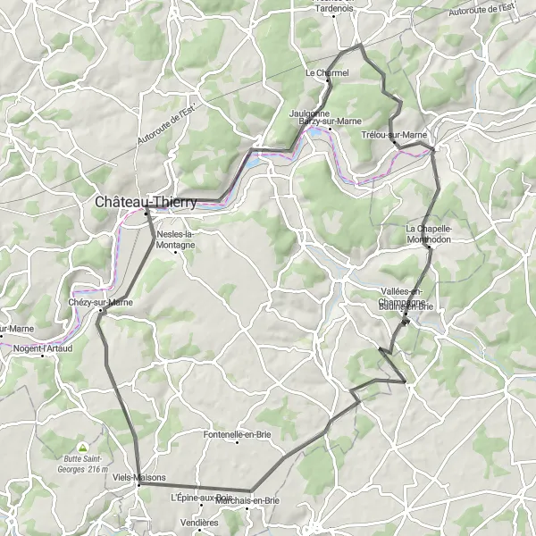 Miniature de la carte de l'inspiration cycliste "Escapade Champenoise" dans la Champagne-Ardenne, France. Générée par le planificateur d'itinéraire cycliste Tarmacs.app