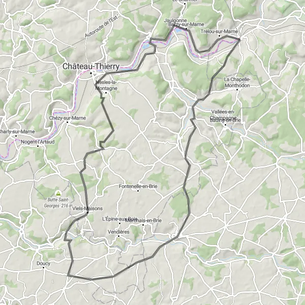 Map miniature of "Countryside Charm" cycling inspiration in Champagne-Ardenne, France. Generated by Tarmacs.app cycling route planner