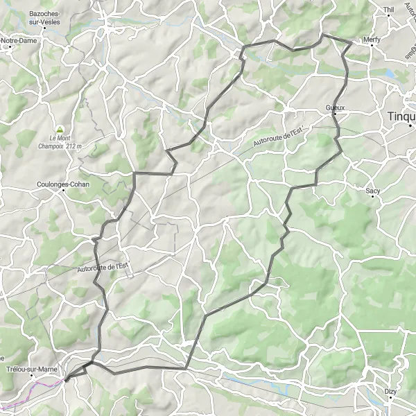 Miniature de la carte de l'inspiration cycliste "Sentier de Goussancourt à Mareuil-le-Port" dans la Champagne-Ardenne, France. Générée par le planificateur d'itinéraire cycliste Tarmacs.app