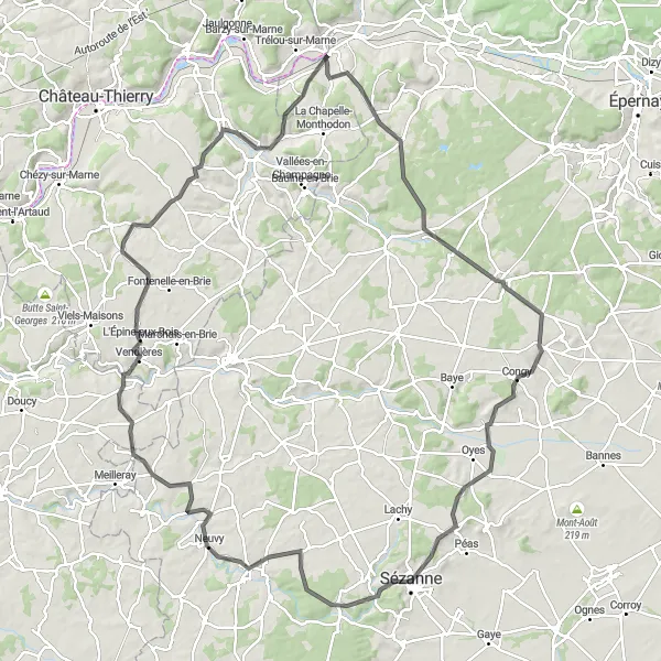 Map miniature of "In the Footsteps of History" cycling inspiration in Champagne-Ardenne, France. Generated by Tarmacs.app cycling route planner