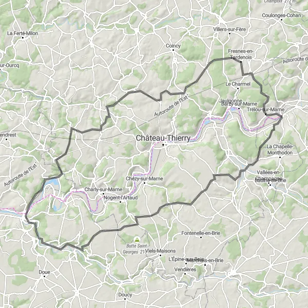 Miniature de la carte de l'inspiration cycliste "Boucle de Dormans à Marigny-en-Orxois" dans la Champagne-Ardenne, France. Générée par le planificateur d'itinéraire cycliste Tarmacs.app