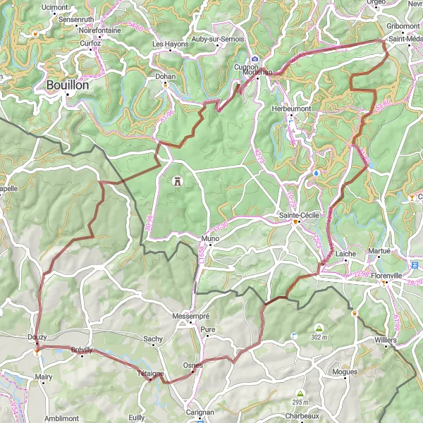 Miniature de la carte de l'inspiration cycliste "Tour en gravel vers Azy et Chassepierre" dans la Champagne-Ardenne, France. Générée par le planificateur d'itinéraire cycliste Tarmacs.app