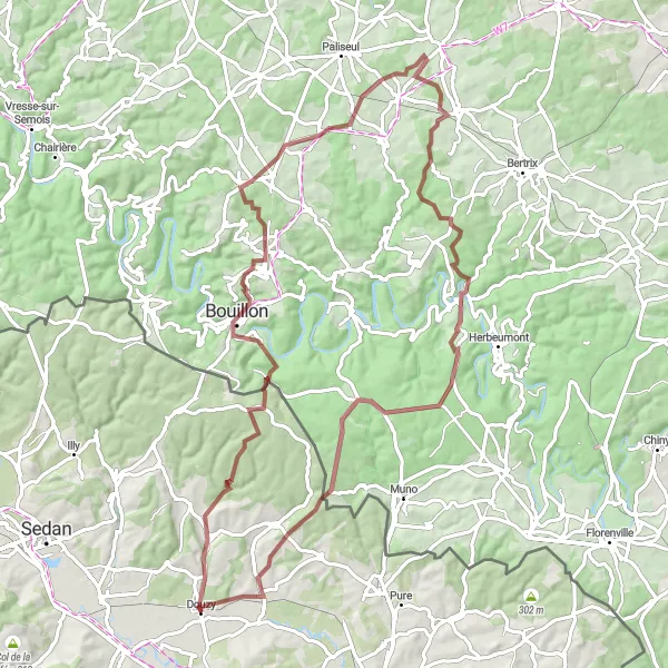 Miniature de la carte de l'inspiration cycliste "Escapade Gravel dans les Ardennes" dans la Champagne-Ardenne, France. Générée par le planificateur d'itinéraire cycliste Tarmacs.app