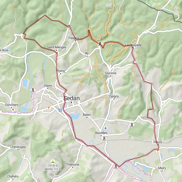 Miniature de la carte de l'inspiration cycliste "Parcours gravel vers Fleigneux et Villers-Cernay" dans la Champagne-Ardenne, France. Générée par le planificateur d'itinéraire cycliste Tarmacs.app