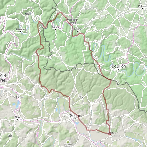 Miniature de la carte de l'inspiration cycliste "Défi Gravel des Vallées Ardennaises" dans la Champagne-Ardenne, France. Générée par le planificateur d'itinéraire cycliste Tarmacs.app