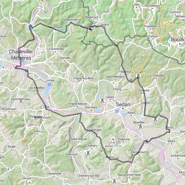 Miniature de la carte de l'inspiration cycliste "Parcours Historique des Châteaux Ardennais" dans la Champagne-Ardenne, France. Générée par le planificateur d'itinéraire cycliste Tarmacs.app