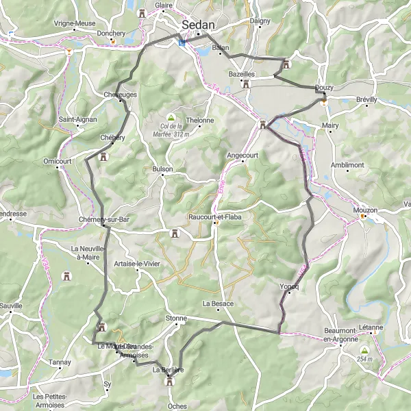 Miniature de la carte de l'inspiration cycliste "Tour de la Forteresse Ardennaise" dans la Champagne-Ardenne, France. Générée par le planificateur d'itinéraire cycliste Tarmacs.app