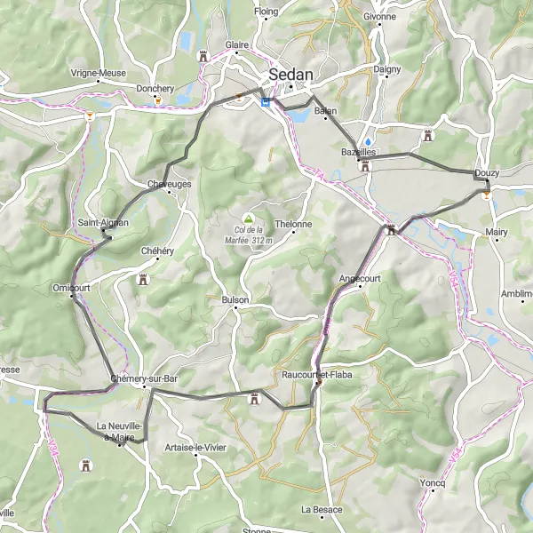 Miniature de la carte de l'inspiration cycliste "Boucle autour de Douzy et Sedan" dans la Champagne-Ardenne, France. Générée par le planificateur d'itinéraire cycliste Tarmacs.app