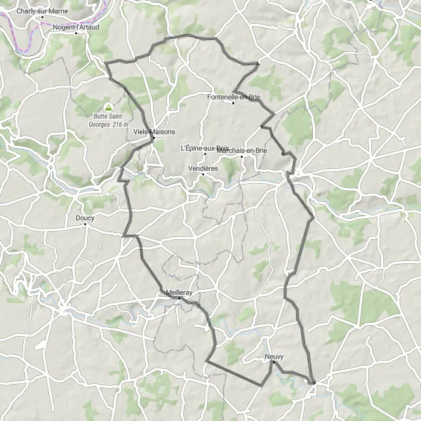 Map miniature of "Brie Heartbreaker" cycling inspiration in Champagne-Ardenne, France. Generated by Tarmacs.app cycling route planner