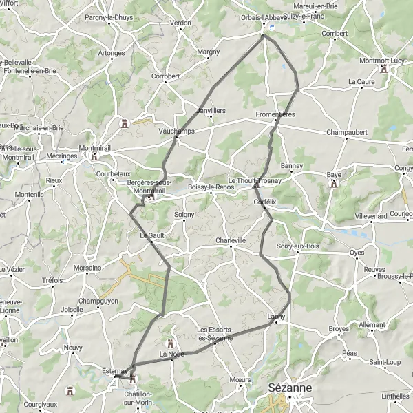 Map miniature of "Montmirail Adventure" cycling inspiration in Champagne-Ardenne, France. Generated by Tarmacs.app cycling route planner