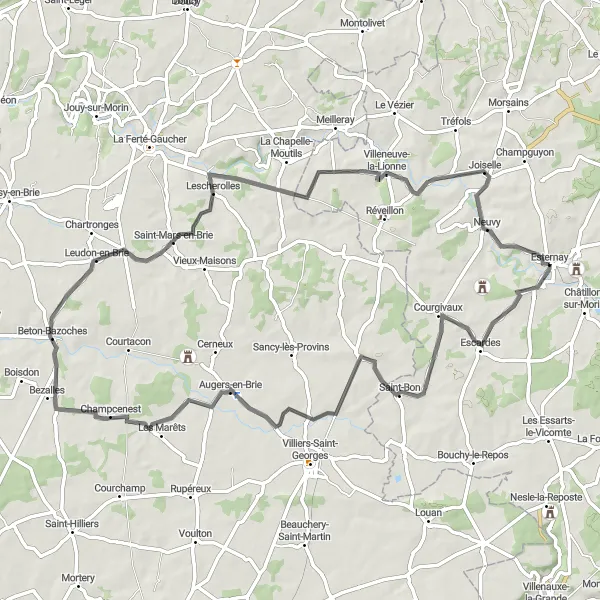 Miniature de la carte de l'inspiration cycliste "Tour à vélo à travers la campagne champenoise" dans la Champagne-Ardenne, France. Générée par le planificateur d'itinéraire cycliste Tarmacs.app
