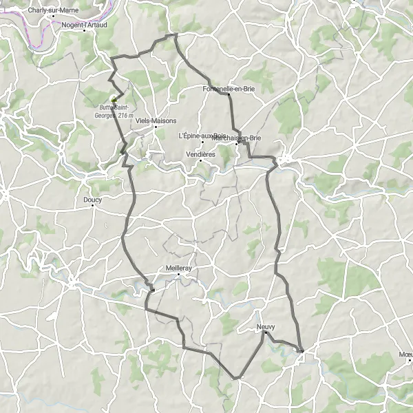 Miniature de la carte de l'inspiration cycliste "Aventure à vélo à travers les collines de la campagne française" dans la Champagne-Ardenne, France. Générée par le planificateur d'itinéraire cycliste Tarmacs.app