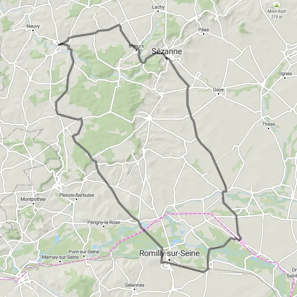 Map miniature of "Scenic Sézanne Loop" cycling inspiration in Champagne-Ardenne, France. Generated by Tarmacs.app cycling route planner