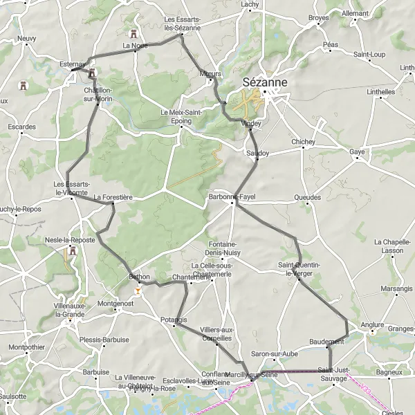 Map miniature of "Vindey Discovery" cycling inspiration in Champagne-Ardenne, France. Generated by Tarmacs.app cycling route planner