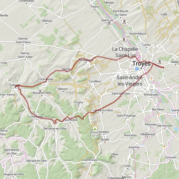 Map miniature of "Scenic Gravel Tour: Exploring Chennegy and More" cycling inspiration in Champagne-Ardenne, France. Generated by Tarmacs.app cycling route planner