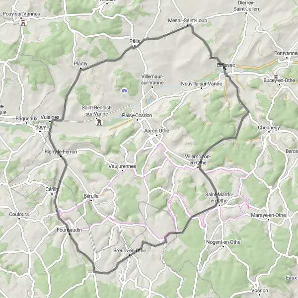 Map miniature of "The Villages of Othe" cycling inspiration in Champagne-Ardenne, France. Generated by Tarmacs.app cycling route planner