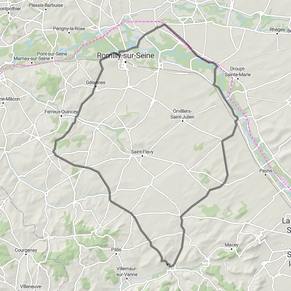 Miniature de la carte de l'inspiration cycliste "Les collines de Champagne" dans la Champagne-Ardenne, France. Générée par le planificateur d'itinéraire cycliste Tarmacs.app