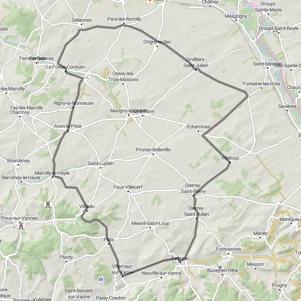 Miniature de la carte de l'inspiration cycliste "Boucle à Villemaur-sur-Vanne et Rigny-la-Nonneuse" dans la Champagne-Ardenne, France. Générée par le planificateur d'itinéraire cycliste Tarmacs.app