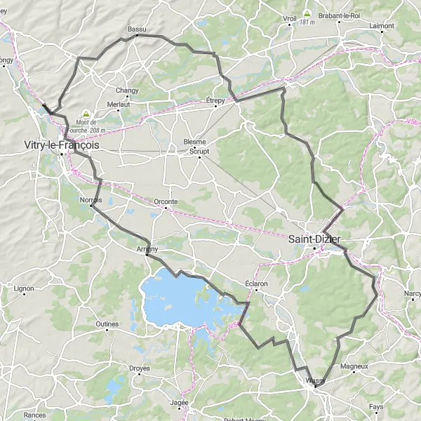 Map miniature of "Wassy Loop" cycling inspiration in Champagne-Ardenne, France. Generated by Tarmacs.app cycling route planner