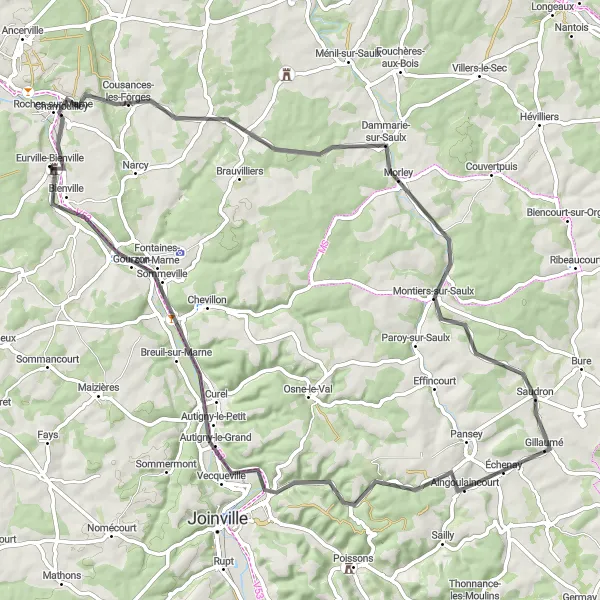Map miniature of "The Hidden Treasures" cycling inspiration in Champagne-Ardenne, France. Generated by Tarmacs.app cycling route planner