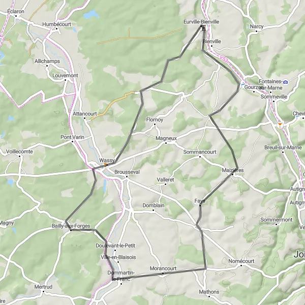 Map miniature of "The Valley and Hills Tour" cycling inspiration in Champagne-Ardenne, France. Generated by Tarmacs.app cycling route planner