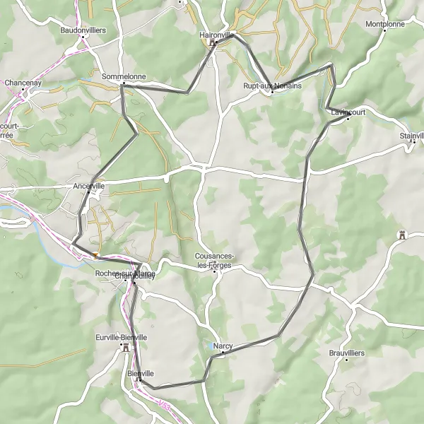 Miniature de la carte de l'inspiration cycliste "La route des vins de la Marne" dans la Champagne-Ardenne, France. Générée par le planificateur d'itinéraire cycliste Tarmacs.app