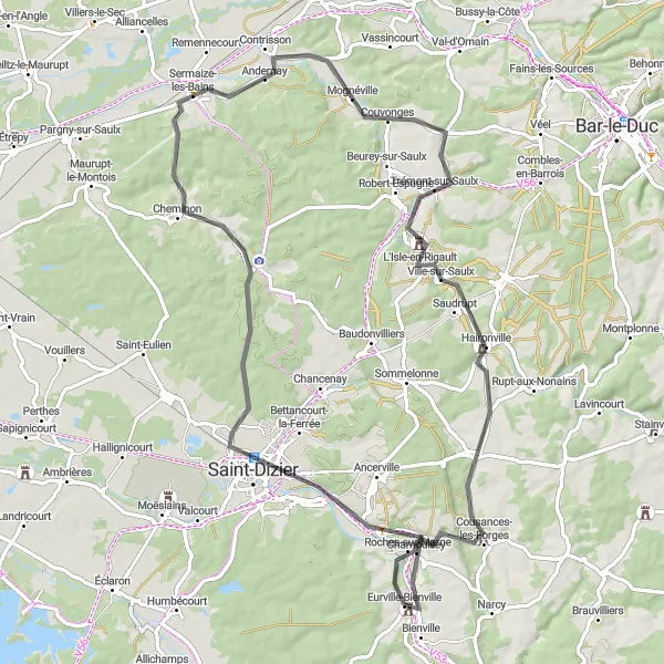 Miniature de la carte de l'inspiration cycliste "Les collines de la Marne" dans la Champagne-Ardenne, France. Générée par le planificateur d'itinéraire cycliste Tarmacs.app