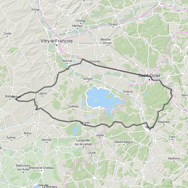 Miniature de la carte de l'inspiration cycliste "Les collines de la Haute-Marne" dans la Champagne-Ardenne, France. Générée par le planificateur d'itinéraire cycliste Tarmacs.app