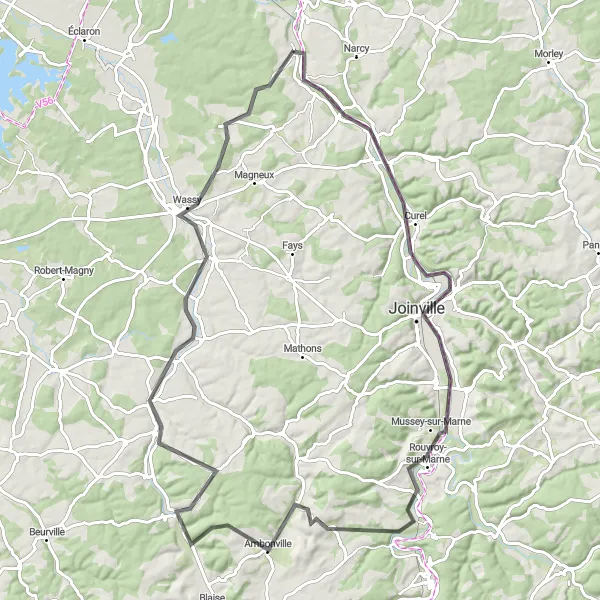Miniature de la carte de l'inspiration cycliste "Sur les Chemins de la Marne" dans la Champagne-Ardenne, France. Générée par le planificateur d'itinéraire cycliste Tarmacs.app