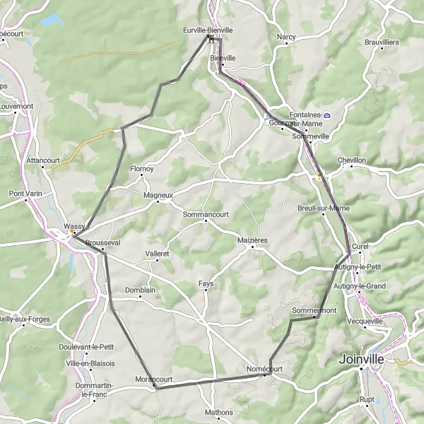 Miniature de la carte de l'inspiration cycliste "La boucle des Marais" dans la Champagne-Ardenne, France. Générée par le planificateur d'itinéraire cycliste Tarmacs.app