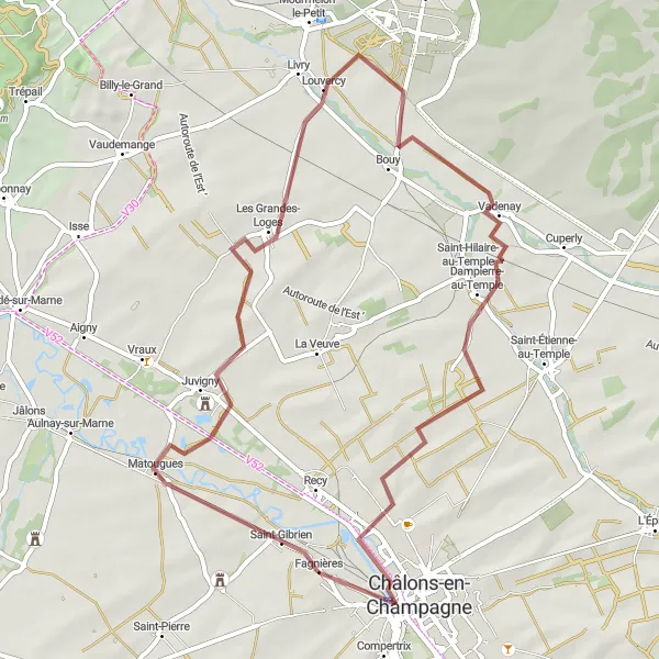 Map miniature of "Matougues Gravel Ride" cycling inspiration in Champagne-Ardenne, France. Generated by Tarmacs.app cycling route planner