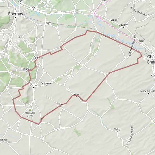 Miniature de la carte de l'inspiration cycliste "Les Chemins de Vigne" dans la Champagne-Ardenne, France. Générée par le planificateur d'itinéraire cycliste Tarmacs.app