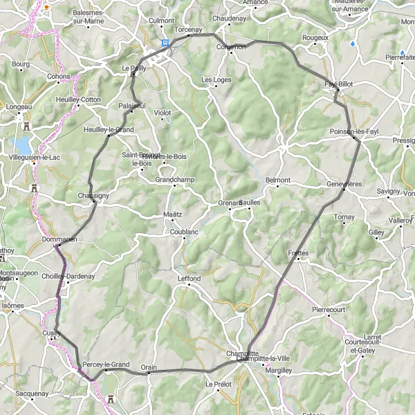 Map miniature of "The Hilly Loop" cycling inspiration in Champagne-Ardenne, France. Generated by Tarmacs.app cycling route planner