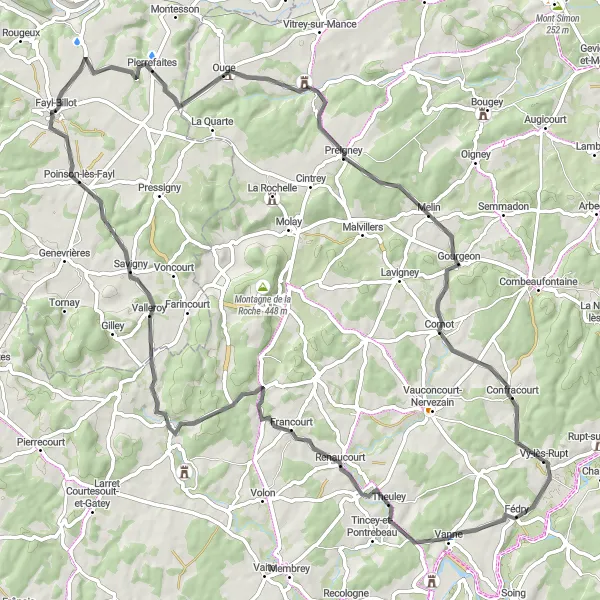 Miniature de la carte de l'inspiration cycliste "Escapade en Haute-Saône" dans la Champagne-Ardenne, France. Générée par le planificateur d'itinéraire cycliste Tarmacs.app
