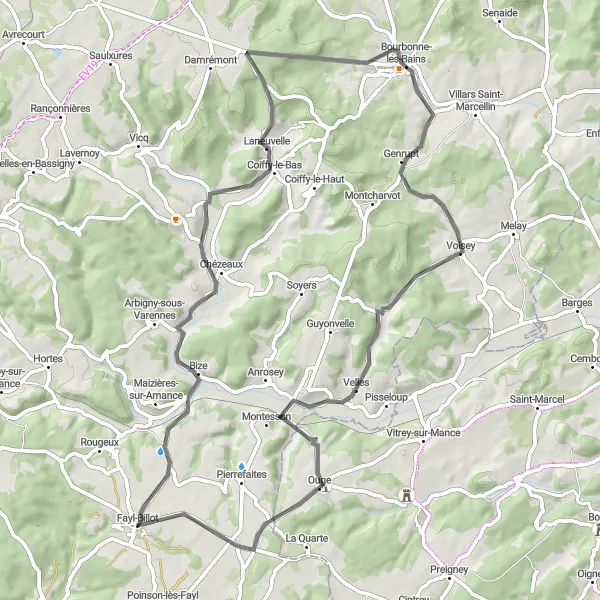 Miniature de la carte de l'inspiration cycliste "Parcours Thermal Bourbonne-les-Bains" dans la Champagne-Ardenne, France. Générée par le planificateur d'itinéraire cycliste Tarmacs.app