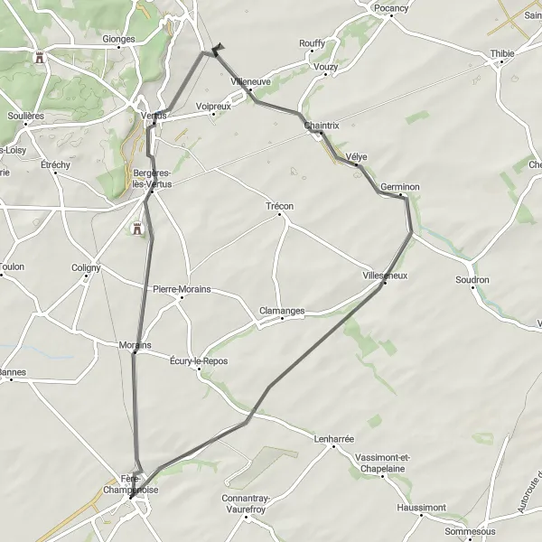 Map miniature of "Mont-Aimé and Rural Landscapes" cycling inspiration in Champagne-Ardenne, France. Generated by Tarmacs.app cycling route planner