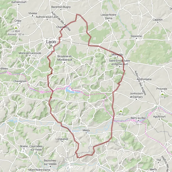Miniature de la carte de l'inspiration cycliste "Parcours gravel autour de Moussy-Verneuil" dans la Champagne-Ardenne, France. Générée par le planificateur d'itinéraire cycliste Tarmacs.app