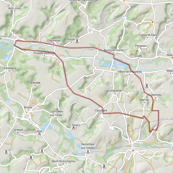 Map miniature of "Blanzy-lès-Fismes Gravel Loop" cycling inspiration in Champagne-Ardenne, France. Generated by Tarmacs.app cycling route planner