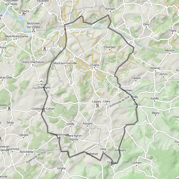 Miniature de la carte de l'inspiration cycliste "Boucle de Jonchery-sur-Vesle à Fismes" dans la Champagne-Ardenne, France. Générée par le planificateur d'itinéraire cycliste Tarmacs.app