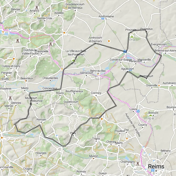 Miniature de la carte de l'inspiration cycliste "Boucle des Villages Champenois" dans la Champagne-Ardenne, France. Générée par le planificateur d'itinéraire cycliste Tarmacs.app