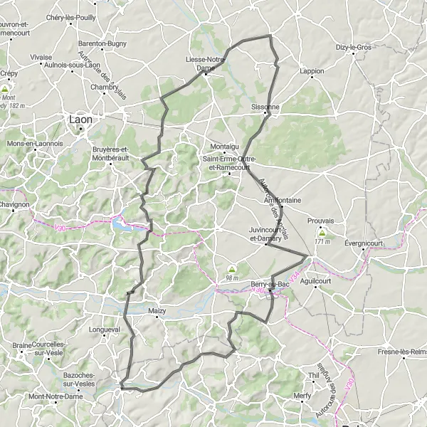 Miniature de la carte de l'inspiration cycliste "Boucle de Cuissy-et-Geny à Courlandon" dans la Champagne-Ardenne, France. Générée par le planificateur d'itinéraire cycliste Tarmacs.app