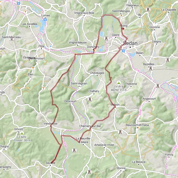 Miniature de la carte de l'inspiration cycliste "Parcours de gravier à la découverte des trésors cachés" dans la Champagne-Ardenne, France. Générée par le planificateur d'itinéraire cycliste Tarmacs.app