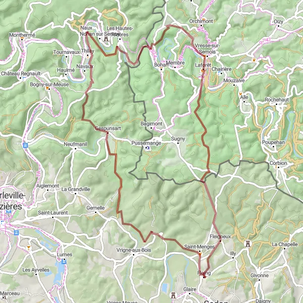 Miniature de la carte de l'inspiration cycliste "Parcours des Collines" dans la Champagne-Ardenne, France. Générée par le planificateur d'itinéraire cycliste Tarmacs.app