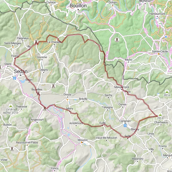 Map miniature of "Exploring the Meuse Valley" cycling inspiration in Champagne-Ardenne, France. Generated by Tarmacs.app cycling route planner