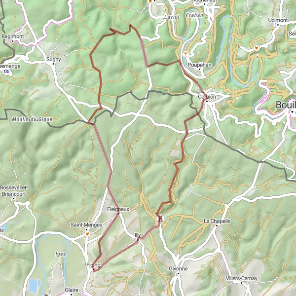 Miniature de la carte de l'inspiration cycliste "Tour de Fleigneux" dans la Champagne-Ardenne, France. Générée par le planificateur d'itinéraire cycliste Tarmacs.app