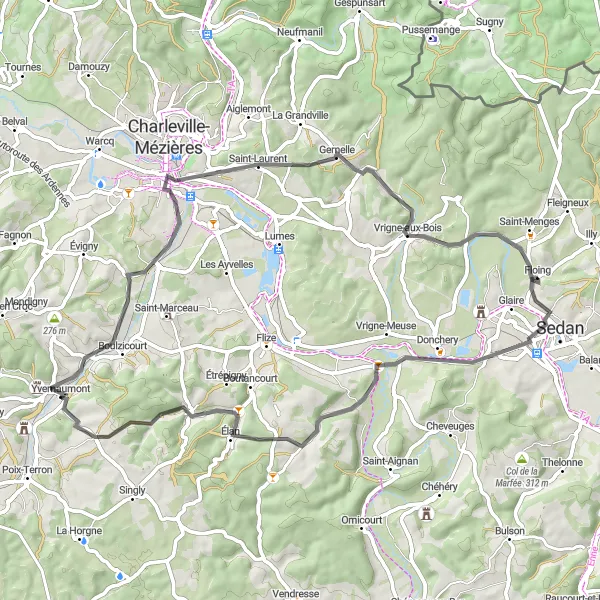 Miniature de la carte de l'inspiration cycliste "Traversée champêtre de 61 km" dans la Champagne-Ardenne, France. Générée par le planificateur d'itinéraire cycliste Tarmacs.app